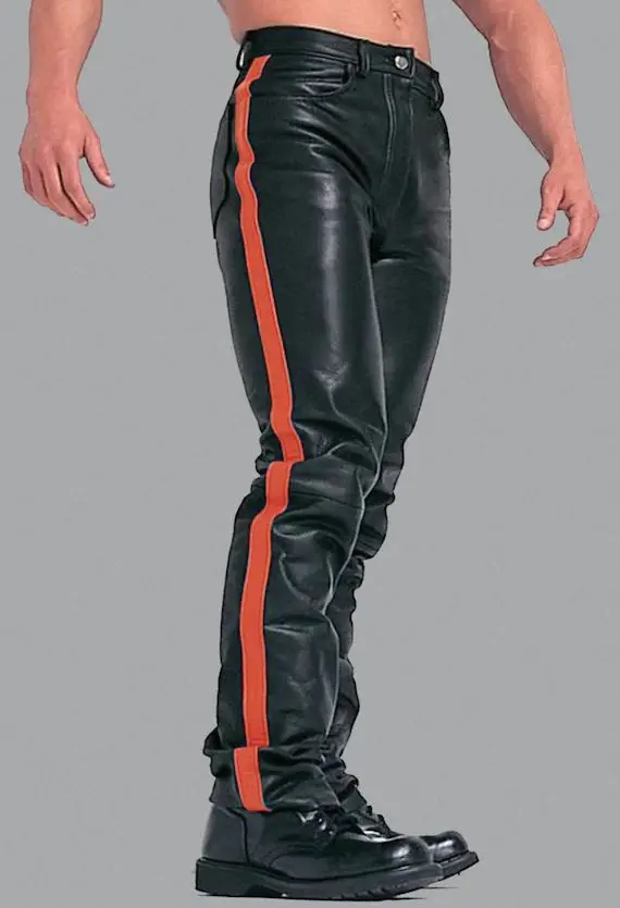 LEATHER BLACK PANTS WITH RED STRIPS